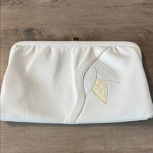 Vintage White Ivory Leather Clutch with Leaf Detail Snap closure Made in England